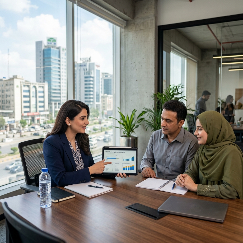 Ibrar consulting with business clients in Lahore office